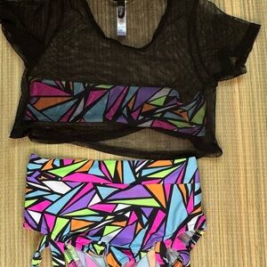 Colorful Geometric Rave Set with Black Mesh Top